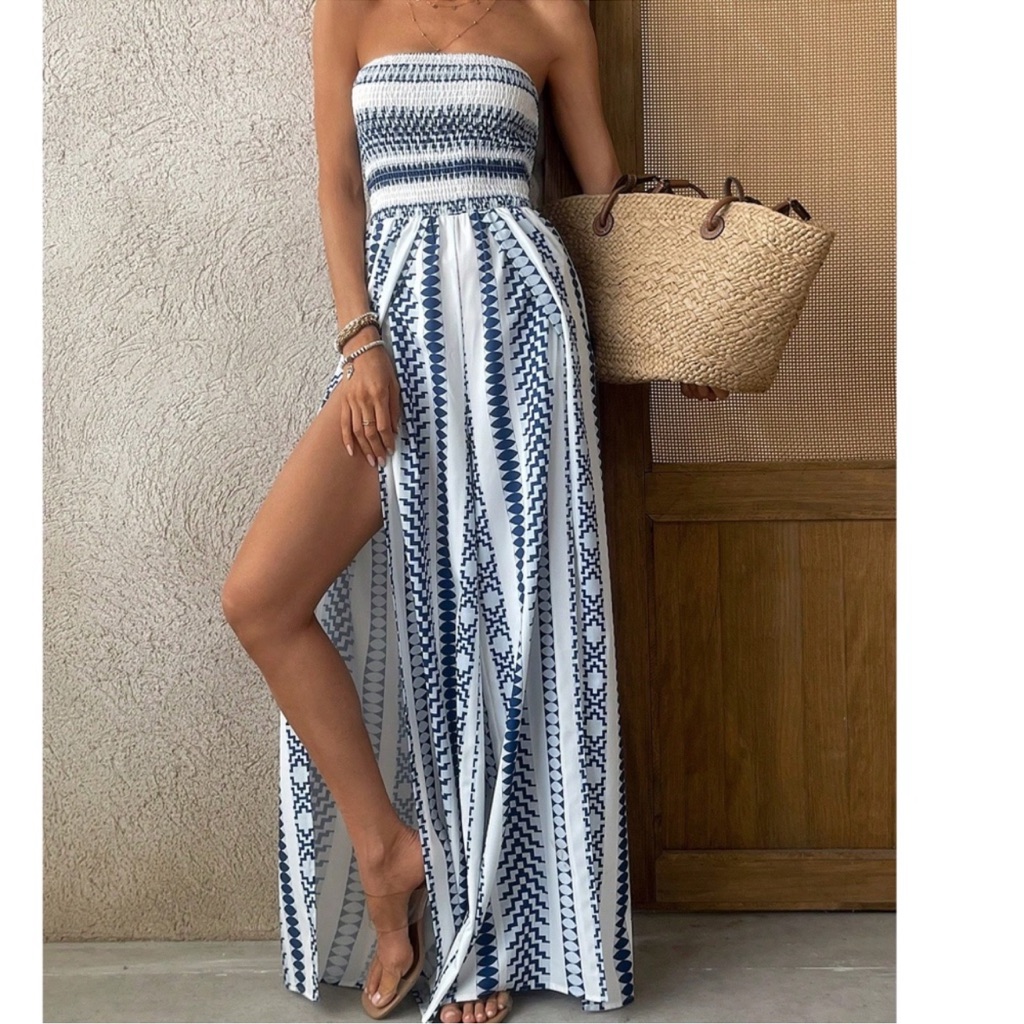 Boho Geo Print Shirred High Waisted Wide Leg Jumpsuit